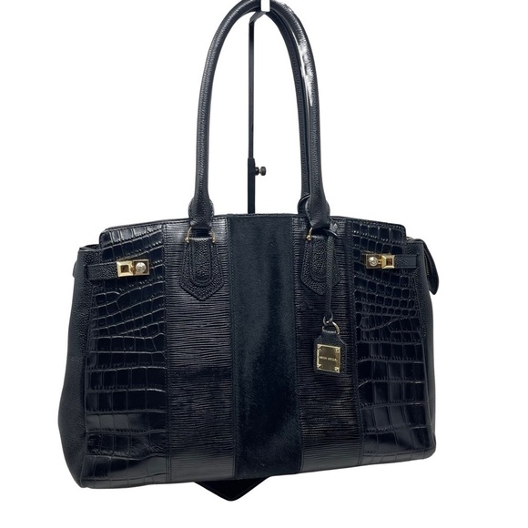 Henri Bendel RARE black Carlyle crock embossed and pony hair satchel